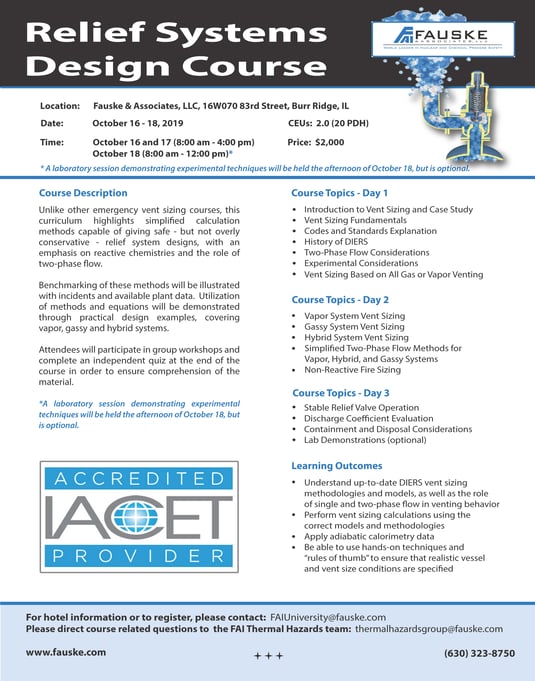 DIERS Relief Systems Design Course Info