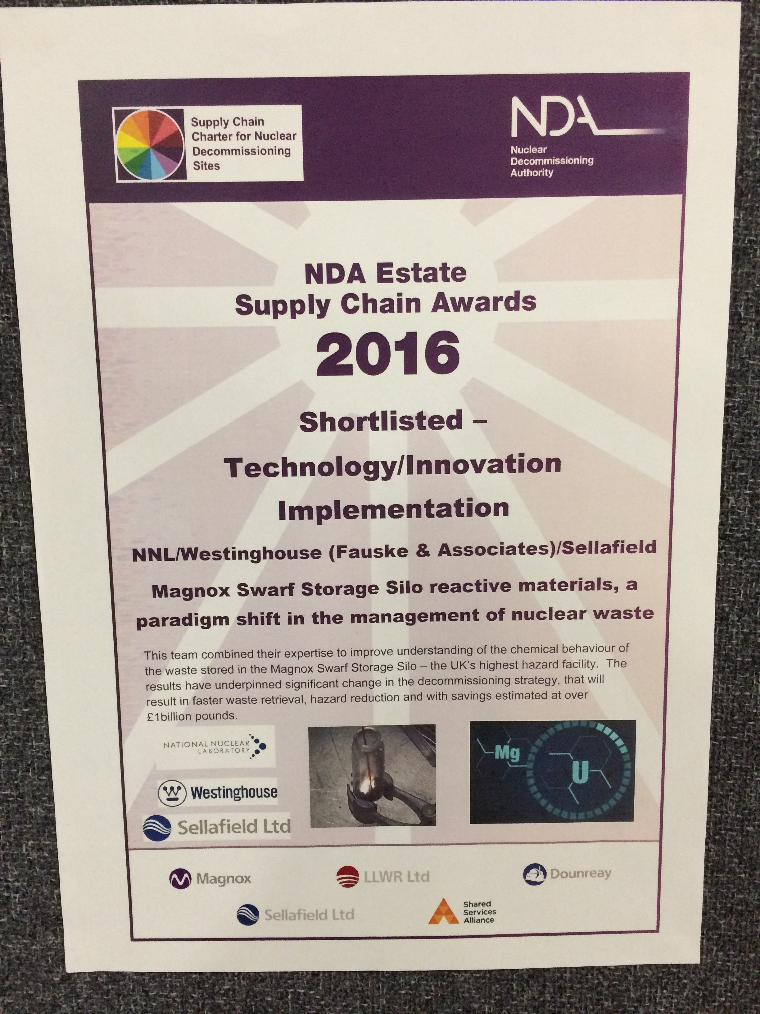 NDA Supply Chain Award Certificate 2016