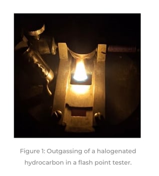 Outgassing of a halogenated hydrocarbon in a flash point tester.